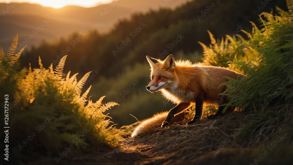 A fox walking through lush ferns during a sunset in a serene landscape. A fox walking through lush ferns during a sunset in a serene landscape.
