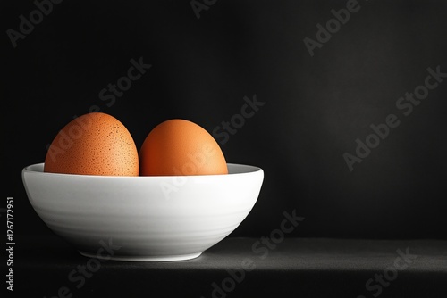 Two brown eggs in a white bowl placed on a dark surface in a cozy kitchen set...