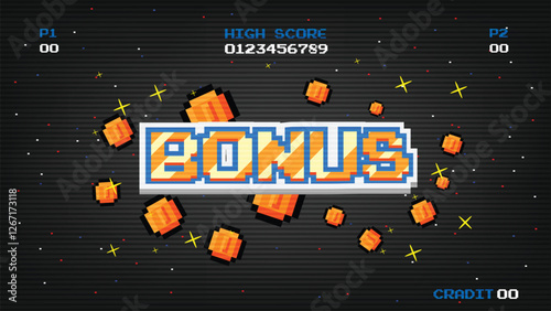 BONUS. pixel art .8 bit game. retro game. for game assets .Retro Futurism Sci-Fi Background. glowing neon grid. and stars from vintage arcade computer games