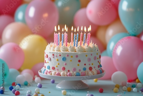 Colorful birthday cake with candles surrounded by balloons in celebration