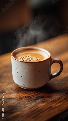 Warm cup of coffee placed on wooden table in cozy cafe setting during morning