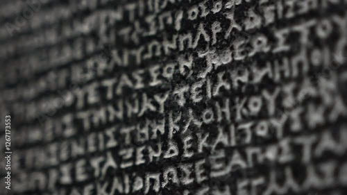 The Rosetta Stone, ancient stele inscribed with three scripts, key to deciphering Egyptian hieroglyphs. Macro close-up footage. Exhibit in museum.