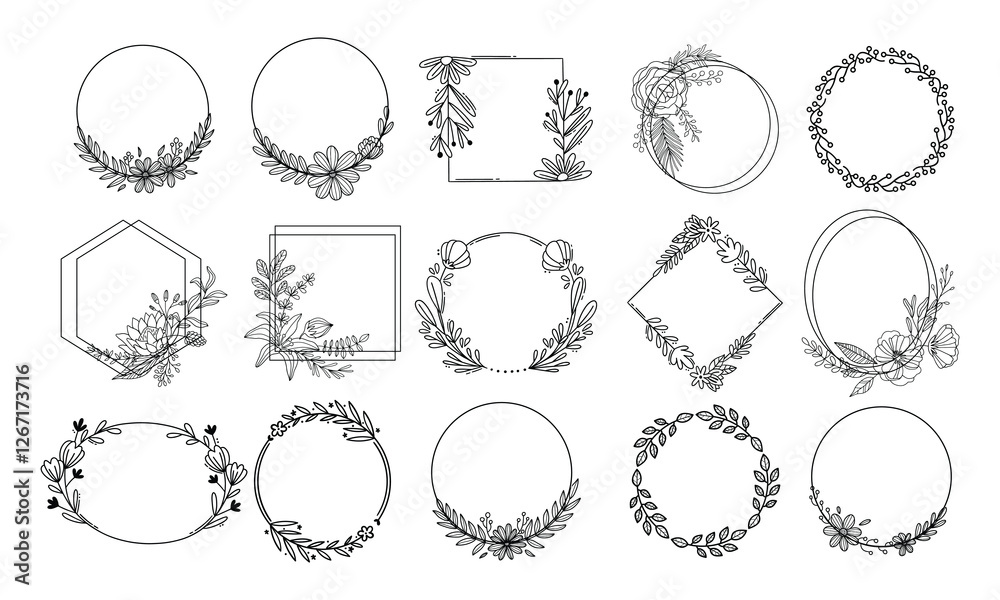 Laurels frames branches with circle borders vector collection. Vintage floral wreaths with leaves , flower, herb, swirls, ornate. Decorative elements for logo, wedding invitation, banner, packaging Laurels frames branches with circle borders vector collection. Vintage floral wreaths with leaves , flower, herb, swirls, ornate. Decorative elements for logo, wedding invitation, banner, packaging