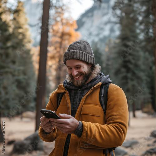 Smiling bearded man in a warm jacket using a smartphone while hiking in a forested mountain area