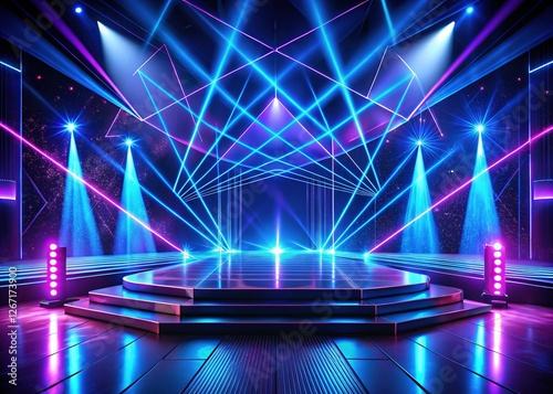 Futuristic Neon Laser Stage: Abstract Dark Background with Blue & Purple Glowing Shapes