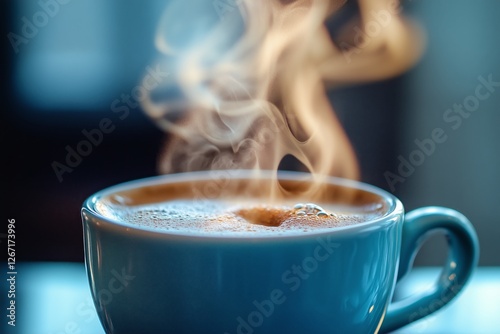 Warm cup of coffee with steam rising indoors in the morning light