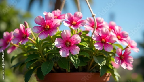 Pink flowers in a hanging terracotta pot, bright sunny day, outdoors.  Possible use Stock photo for gardening, nature, or home d?cor photo