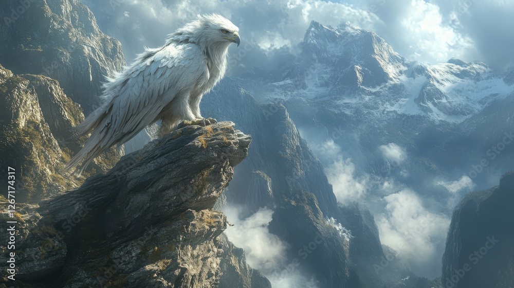 Fototapeta premium Majestic White Fantasy Creature Overlooking a Mystical Mountain Landscape in a Dreamlike Environment