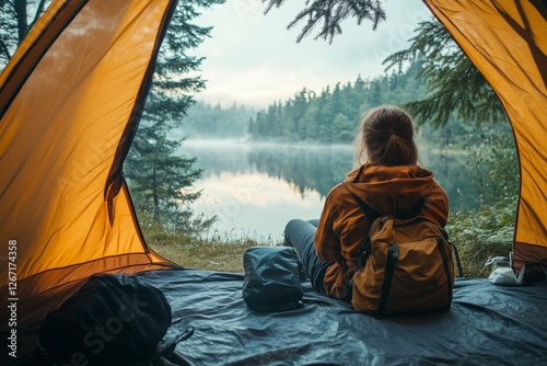 Enjoying a peaceful morning by the lake from a cozy tent in the woods