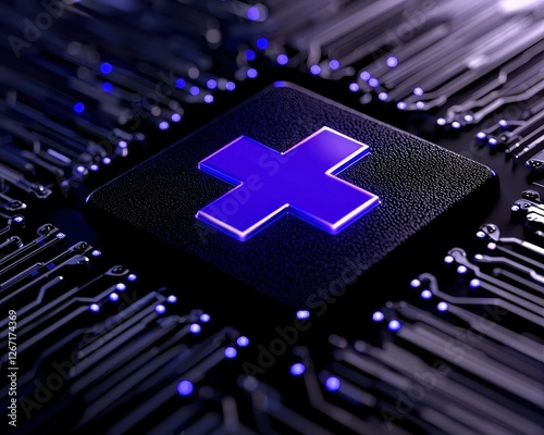 Close-up of a circuit board with a glowing cross symbol, representing advanced technology and innovation. photo