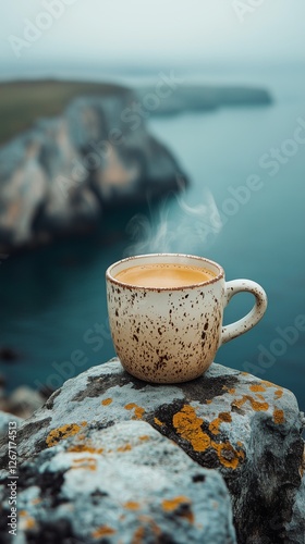 Warm cup of coffee resting on rocky shore with ocean and cliffs in background...