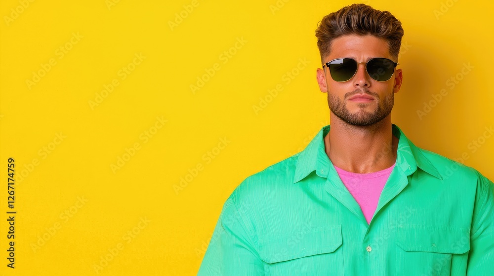 Fototapeta premium Man in sunglasses, green shirt, yellow background