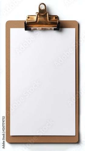 Blank clipboard resting on a wooden table in a bright and organized workspace