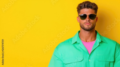 Man in sunglasses, green shirt, yellow background