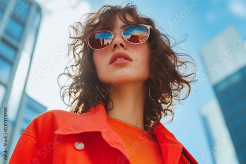 Young woman in orange jacket and sunglasses enjoying sunny day in urban area