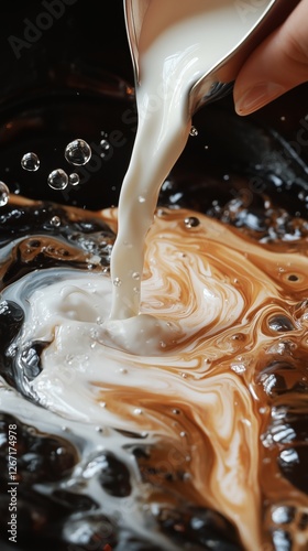 Cream is poured into coffee creating a beautiful swirl pattern in a cozy cafe...