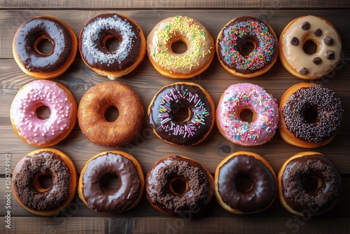 Colorful assortment of donuts with various toppings on a wooden surface