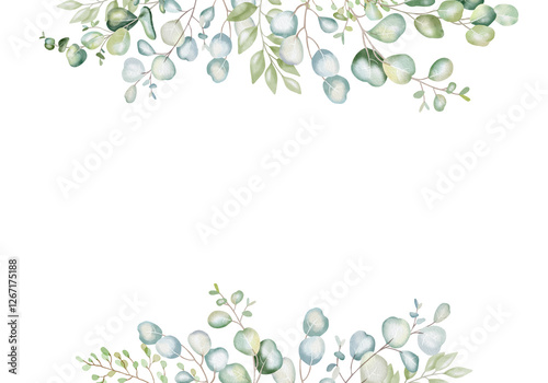 Top and bottom floral frame made of eucalyptus leaves. Botanical and elegant border. Perfect for wedding invitations, anniversary cards, business announcements, greeting cards, and romantic postcards.