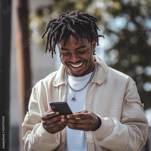 Smiling young man with dreadlocks using a smartphone outdoors in natural light