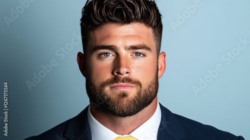 Confident businessman with well groomed beard and suit against a solid blue background symbolizing leadership professionalism and corporate success in a high quality portrait photo