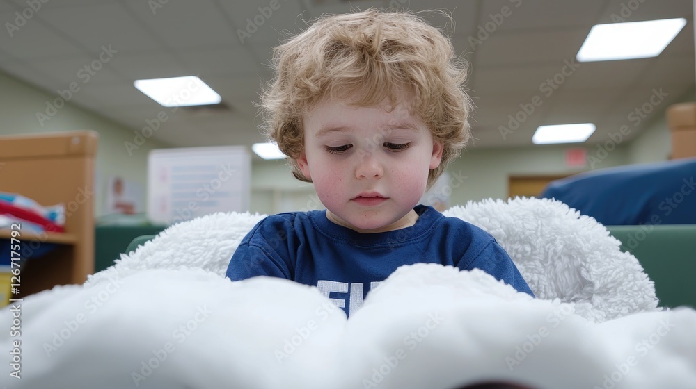 Fototapeta premium Toddler reading book in a daycare setting