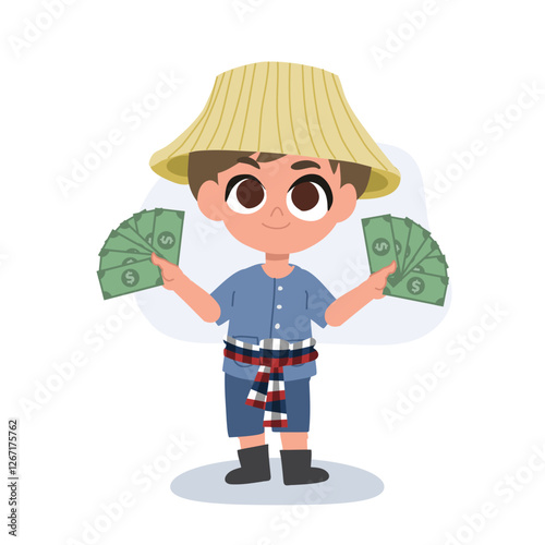 happy cartoon farmer holding cash fan with both hands full of money