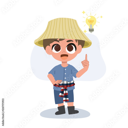 cartoon cute farmer man with light bulb new idea creativity on farm life