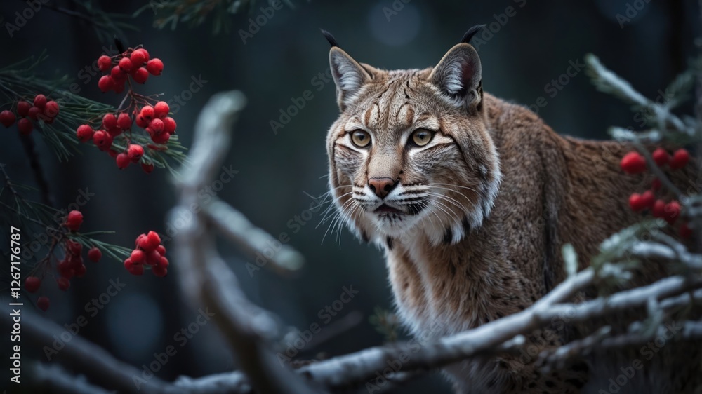 A lynx gazes intently among branches adorned with red berries in a serene forest setting. A lynx gazes intently among branches adorned with red berries in a serene forest setting.