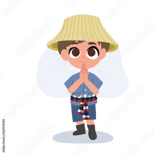 Cute cartoon Thai farmer greeting with a smile