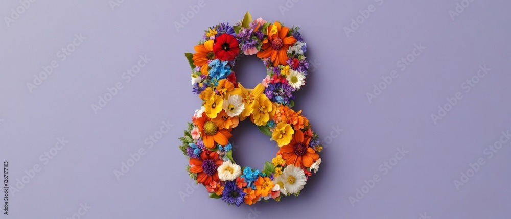 Number 8 made of flowers on purple background with feminism symbol illustration Number 8 made of flowers on purple background with feminism symbol illustration