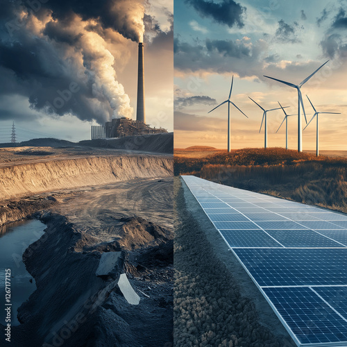 Split image showing a polluting coal power plant on one side and renewable energy sources like wind turbines and solar panels on the other