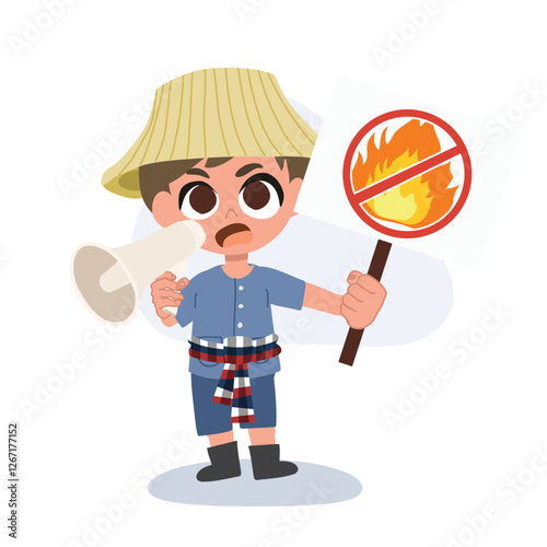 Cute cartoon farmer with megaphone raising awareness for no burning campaign in farmland