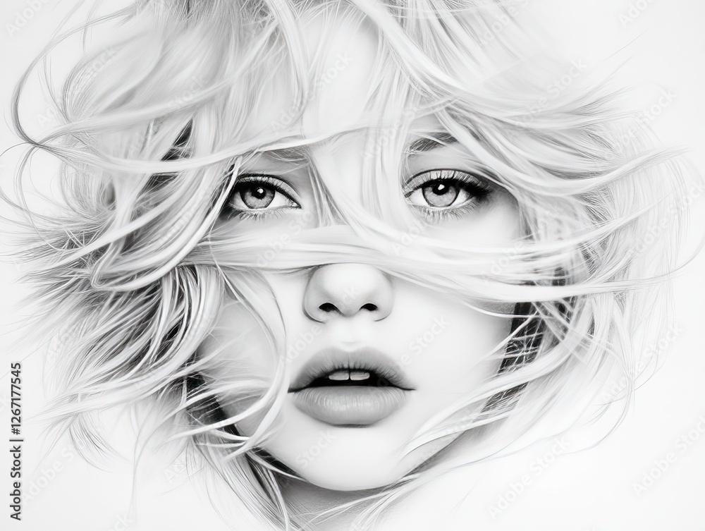 Black and white high fashion portrait of a young woman with voluminous hair dramatic gaze and soft lighting exuding elegance beauty and artistic sophistication Black and white high fashion portrait of a young woman with voluminous hair dramatic gaze and soft lighting exuding elegance beauty and artistic sophistication