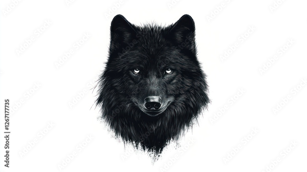 Isolated black wolf head, front view, on white background. For wildlife presentation use Isolated black wolf head, front view, on white background. For wildlife presentation use