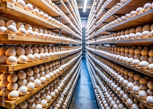 Hundreds of Fresh Eggs on Cooling Room Shelves - Stock Photo