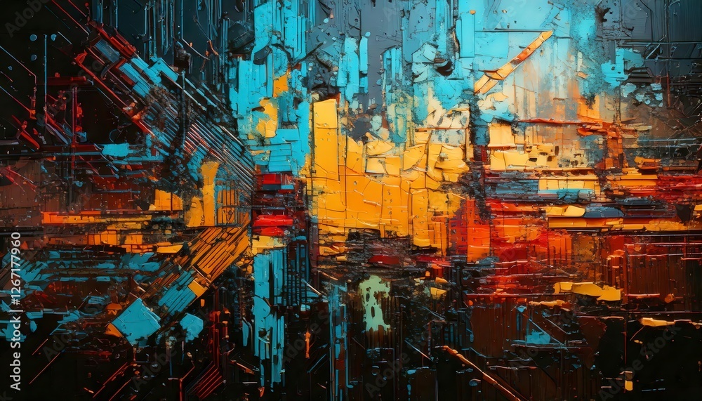 Obraz premium A futuristic grunge texture with glitch effects, pixelated patterns, and distorted layers.