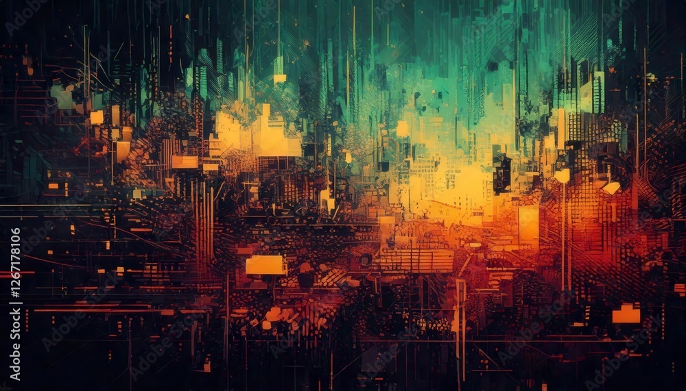Fototapeta premium A futuristic grunge texture with glitch effects, pixelated patterns, and distorted layers.