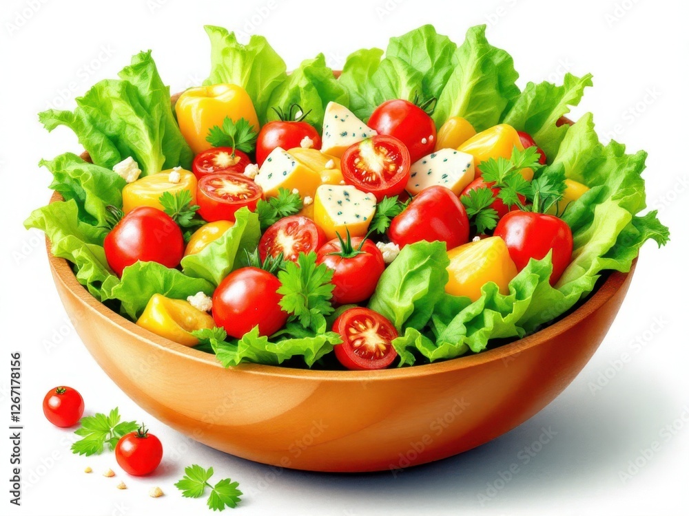 Fresh vegetable salad with cherry tomatoes, leafy greens, and cheese in wooden bowl Fresh vegetable salad with cherry tomatoes, leafy greens, and cheese in wooden bowl