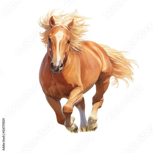Horse running freely in a grassy field with sunlight illuminating its strong and agile form