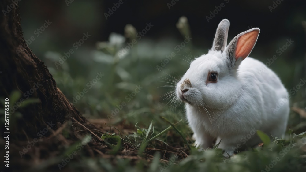 A white rabbit sitting on grass near a tree trunk in a serene outdoor setting. A white rabbit sitting on grass near a tree trunk in a serene outdoor setting.