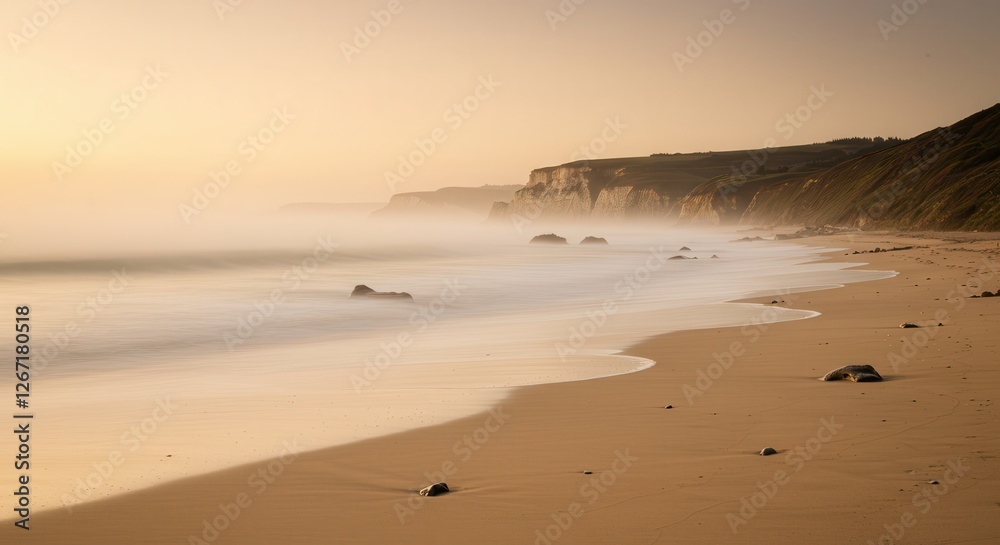 Golden Beach Landscape with Cliffs and Flowing Water at Sunset Golden Beach Landscape with Cliffs and Flowing Water at Sunset