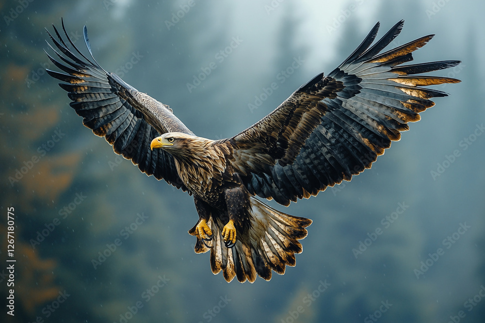 Obraz premium Majestic Flight, Golden Eagle soaring through a misty wilderness landscape