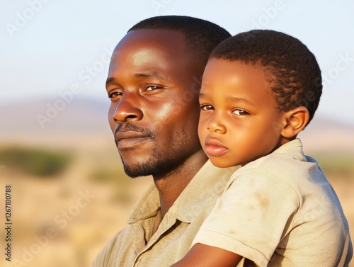 Protective African father holding young son in vast savannah landscape symbolizing strength heritage and deep paternal love in a powerful and emotional portrait