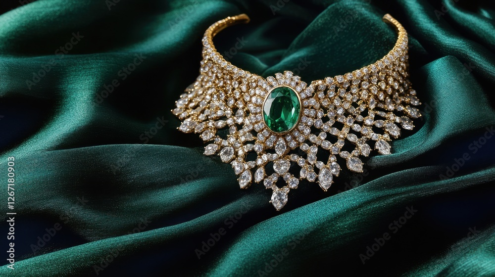Fototapeta premium A gold choker set with an oval emerald centerpiece, artistically draped over a smooth velvet fabric