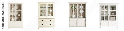 A collection of elegant minimalist white wooden cabinets shelving units and storage solutions for home office or retail display  These versatile furniture pieces feature clean lines glass doors
