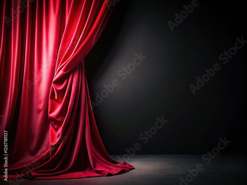 Luxurious Red Velvet Curtain Drape on Black Background - Copy Space