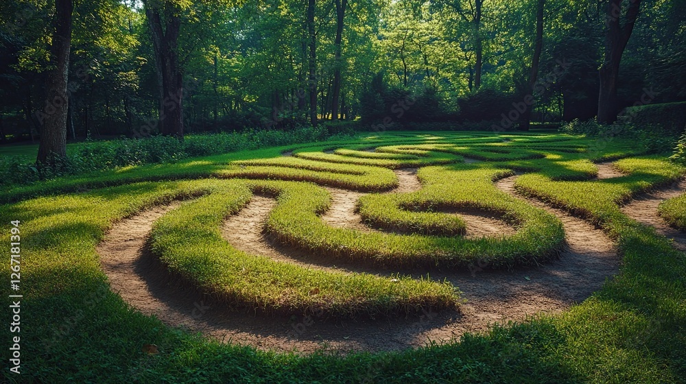 A pathway cutting through a labyrinth, inviting a sense of discovery and challenge A pathway cutting through a labyrinth, inviting a sense of discovery and challenge