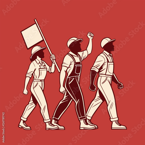 A heroic representation of laborers standing together for justice on a red solid background flat vector illustration
