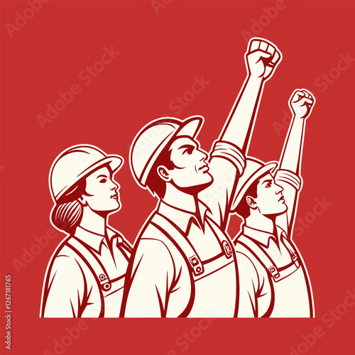 A heroic representation of laborers standing together for justice on a red solid background flat vector illustration
