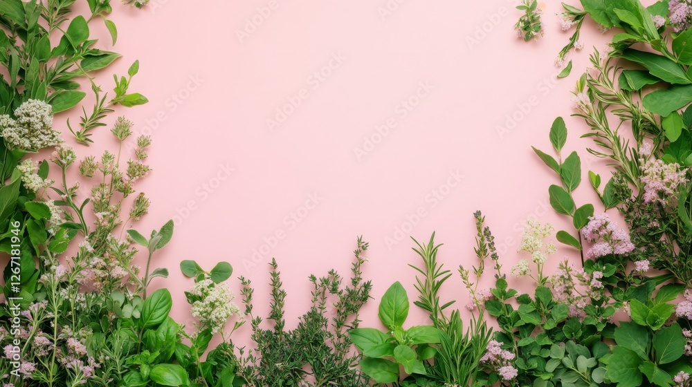 Fototapeta premium Fresh herbs arranged to create a border around pink background